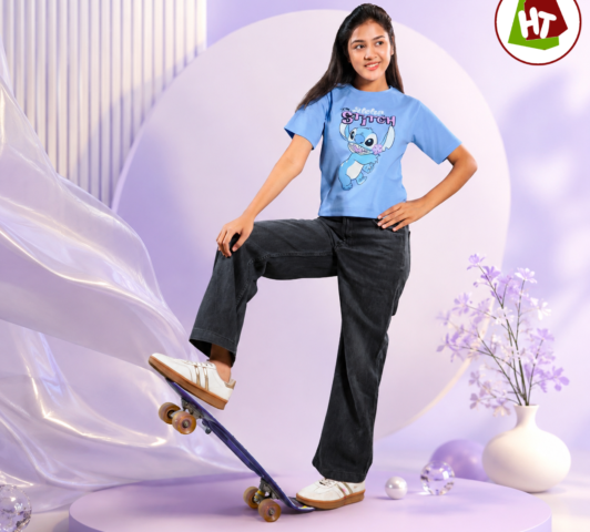 Disney Stitch Oversized Graphic T-Shirt for Women – Sky Blue Premium Cotton Tee