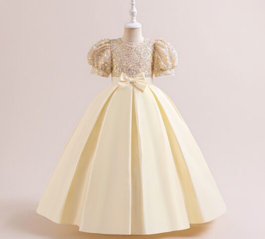 Celestia Shimmer Gown "Sequined Puff-Sleeve Satin Ballgown" - Pearl White, 7-8 Yrs