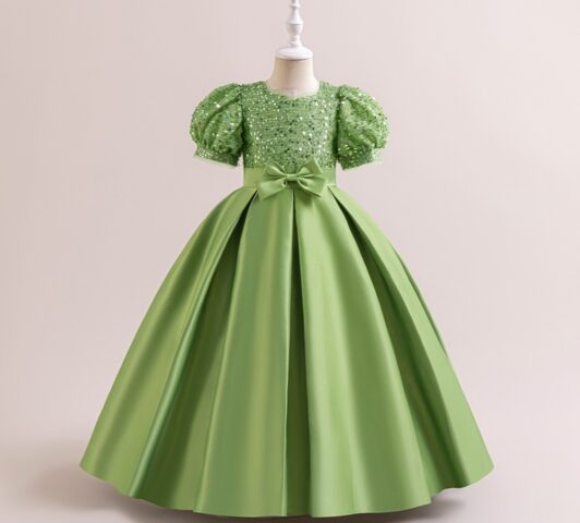 Celestia Shimmer Gown "Sequined Puff-Sleeve Satin Ballgown"