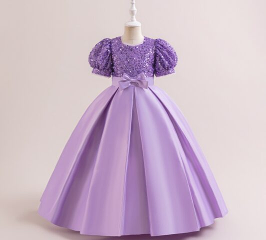 Celestia Shimmer Gown "Sequined Puff-Sleeve Satin Ballgown" - Purple, 11-12 Yrs