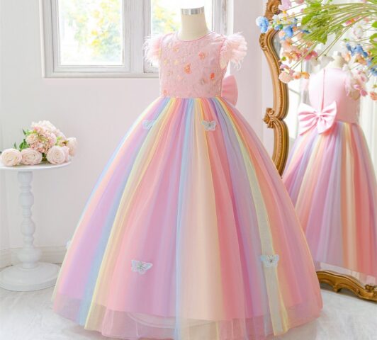 Iris Pastel Rainbow Gown "Butterfly Embroidered Birthday Ballgown"