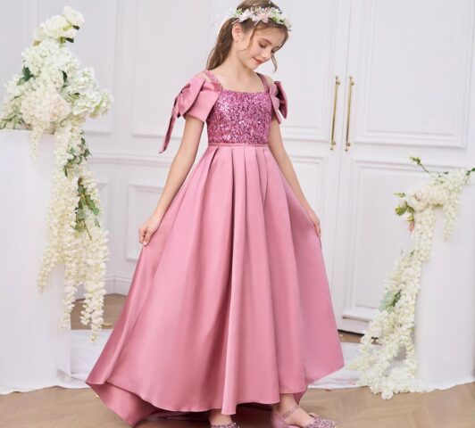 Evelyn Glitz Gown "Sequined Bodice & Bow-Draped High-Low Satin Dress"