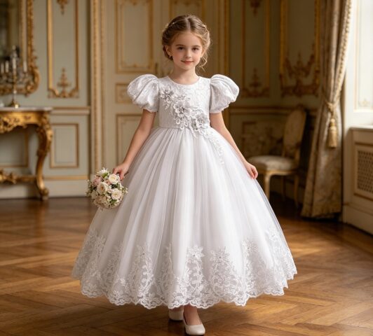 Anastasia Imperial Gown "Floral Lace Bodice & Scalloped Tulle Ballgown" - 9-10 Yrs, White