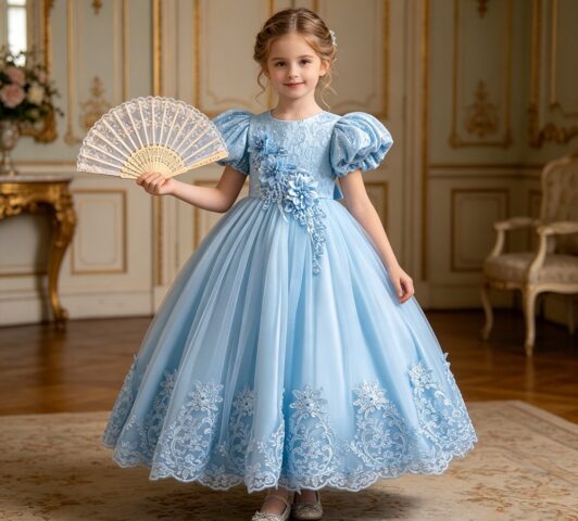 Anastasia Imperial Gown "Floral Lace Bodice & Scalloped Tulle Ballgown" - 5-6 Yrs, Sky Blue