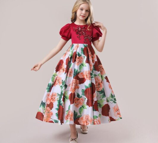 Rosalia Botanical Gown "Pearl-Beaded Bodice & Box-Pleated Satin Floral Dress"