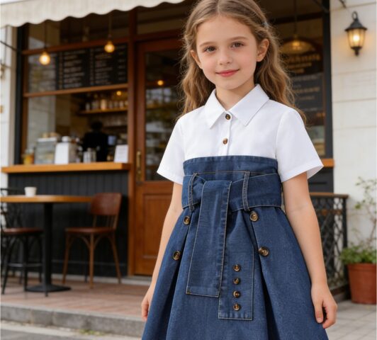 Amelie Parisian Mock-Two Piece Dress "White Collared Shirt & High-Waisted Denim Skirt"