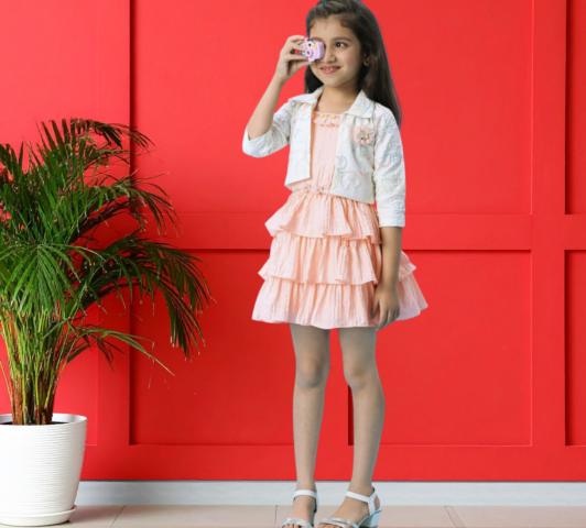 Chloe Pastel Tiered Dress Set "Layered Peach Sundress & Embroidered White Shrug"