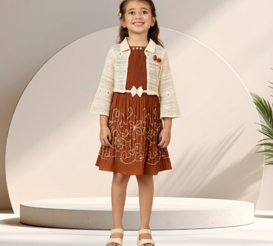 Maya Terracotta Pleated Dress Set "Embroidered Skirt & Pointelle Knit Shrug"