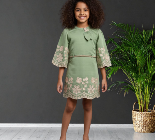 Seraphina Sage Dress "Floral Embroidered Scalloped Hem & Bell Sleeves"
