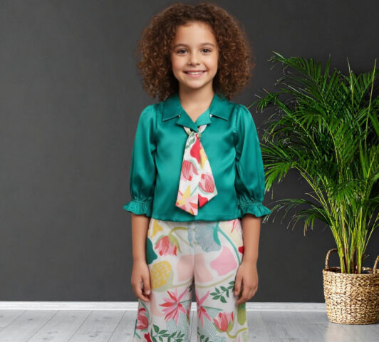 Isla Emerald Satin Co-Ord Set "Puff Sleeve Shirt with Floral Scarf & Botanical Wide-Leg Pants"