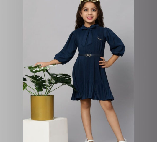 Vivian Pleated Tie-Neck Dress "Ruffled Bishop Sleeve A-Line Party Frock"