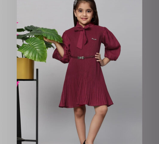Vivian Pleated Tie-Neck Dress "Ruffled Bishop Sleeve A-Line Party Frock" - 2-3 Yrs, Red
