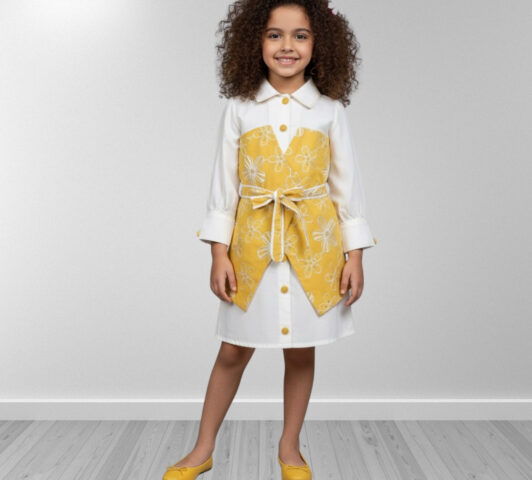 Penny Sunshine Shirtdress Set "Crisp White Button-Down & Embroidered Mustard Yellow Corset Vest"