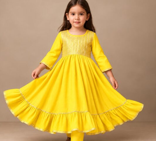 Aadhya Metallic Gota Work Anarkali Set - 2-3 Yrs, Yellow